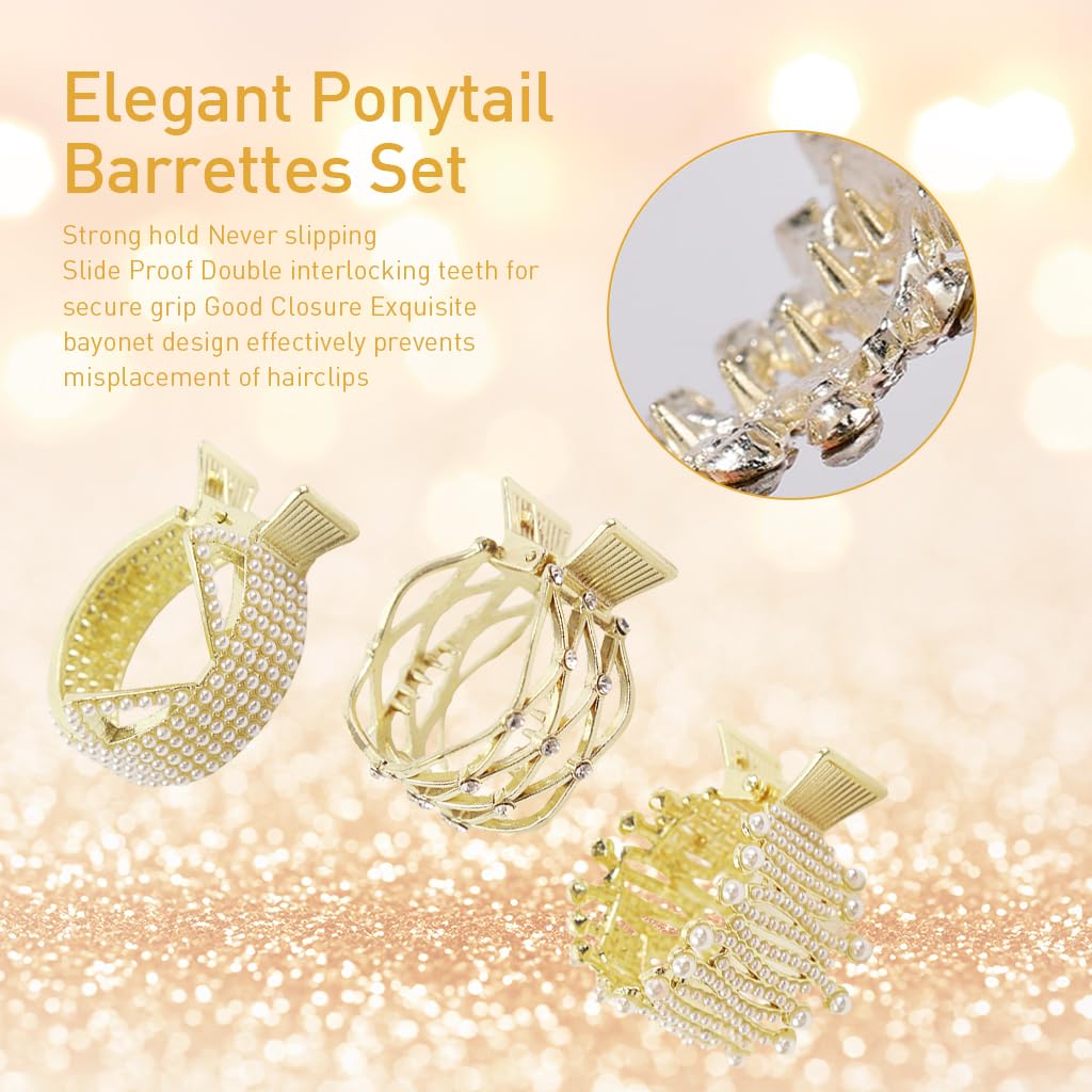 PALAY® 3pcs Ponytail Holder Hair Claw Clips for Women, Metal Ponytail Hair Clip, Rhinestone Claw Clips Aesthetic 1.77Inch Small Hair Clips for High Ponytail Thick Long Hair (Gold)