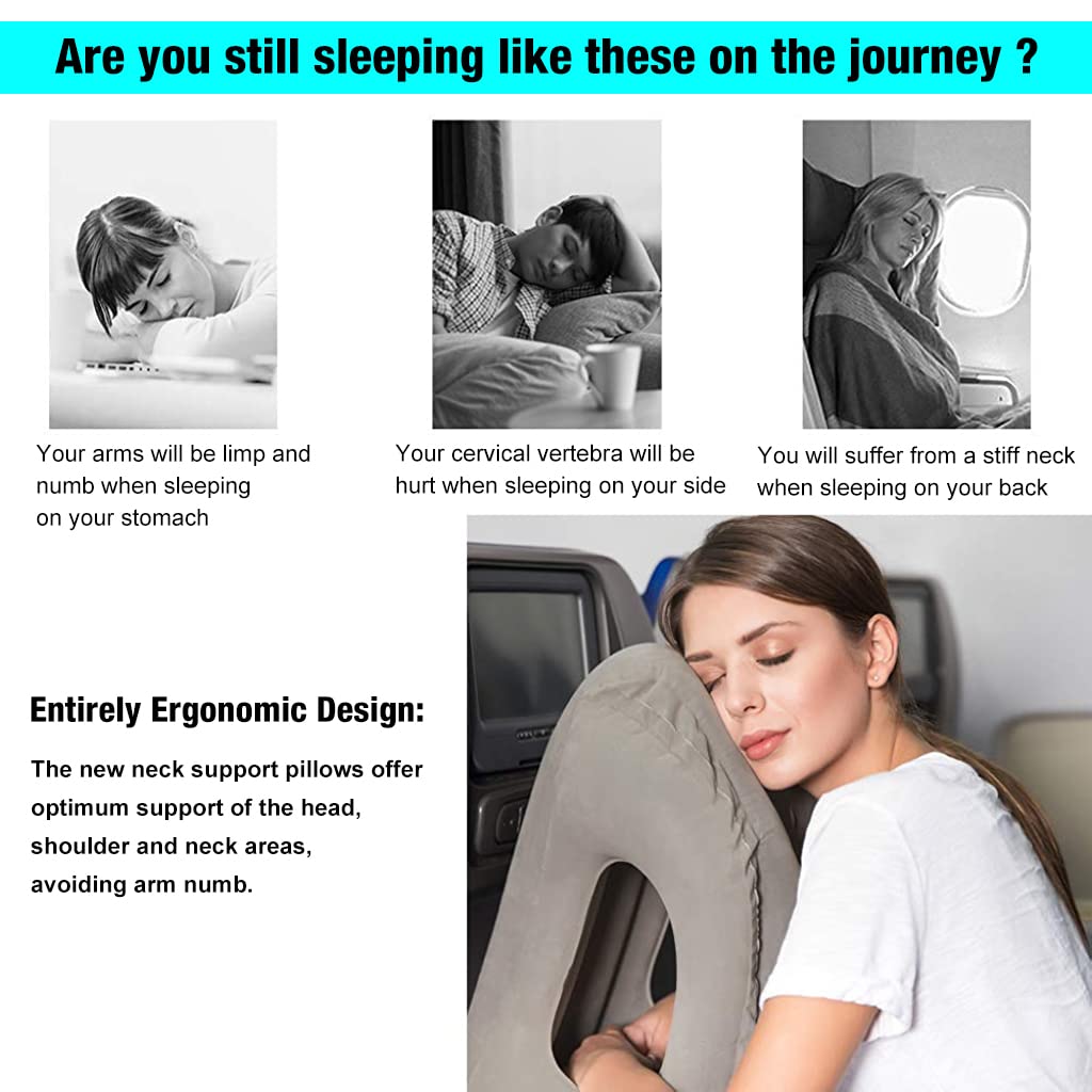 PALAY Inflatable Travel Pillow for Airplanes and Office Napping featuring Built In Hand Pump | Grey PVC Flocking