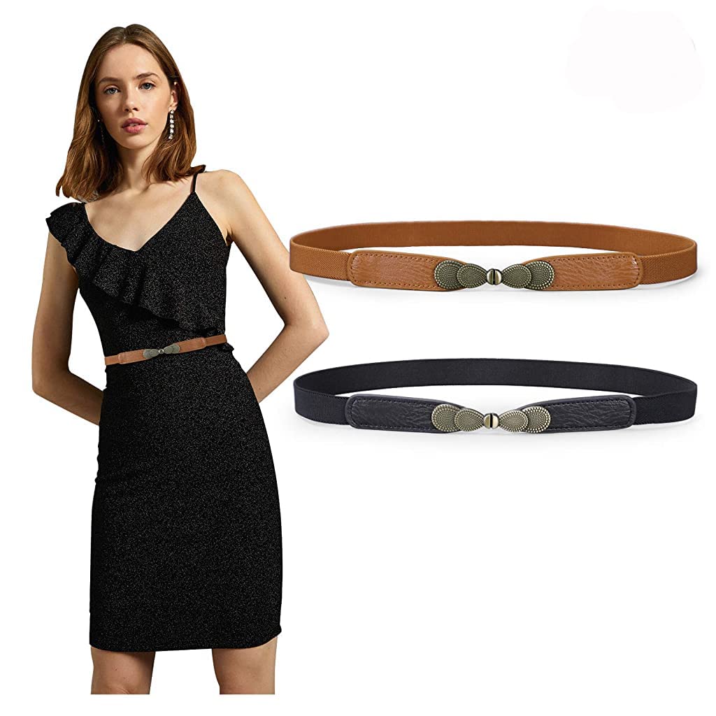 PALAY Women Skinny Elastic Stretch Belt for Dresses featuring Metal Buckles and Faux Leather 2 Pack 65cm | Retro Waist Accessory for Ladies
