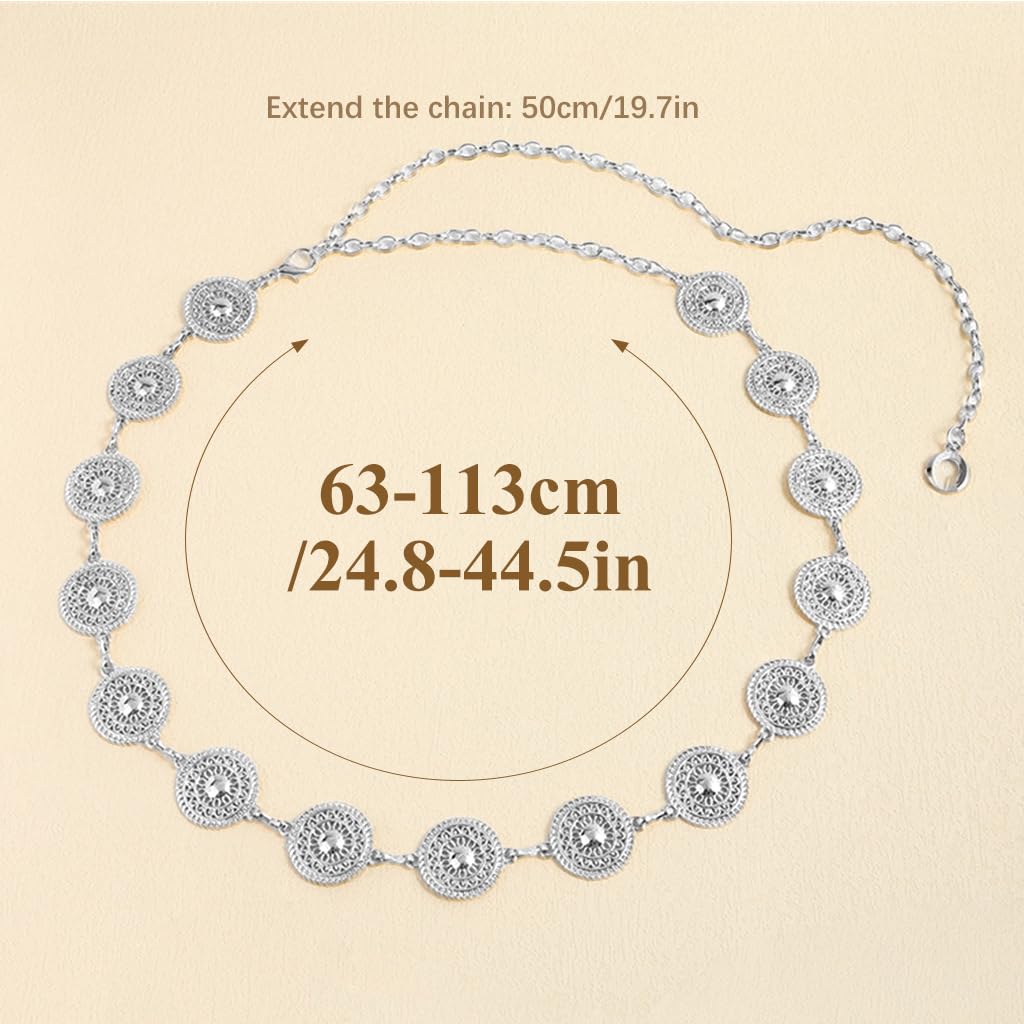 PALAY Belt for Women Dresses featuring Metal Concho Discs and Adjustable Waist Chain | Silver