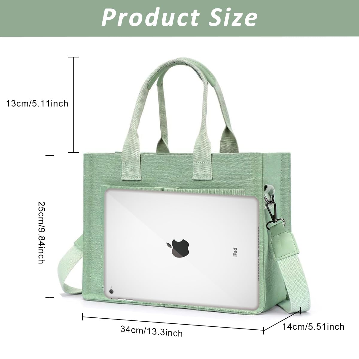 PALAY® Casual Tote Bag for Women Multi Pockets Canvas Hand Bag with Removable Shoulder Strap Crossbody Tote Bag Chic Mint Green Canvas Day Bag Tote Bag for Commuting