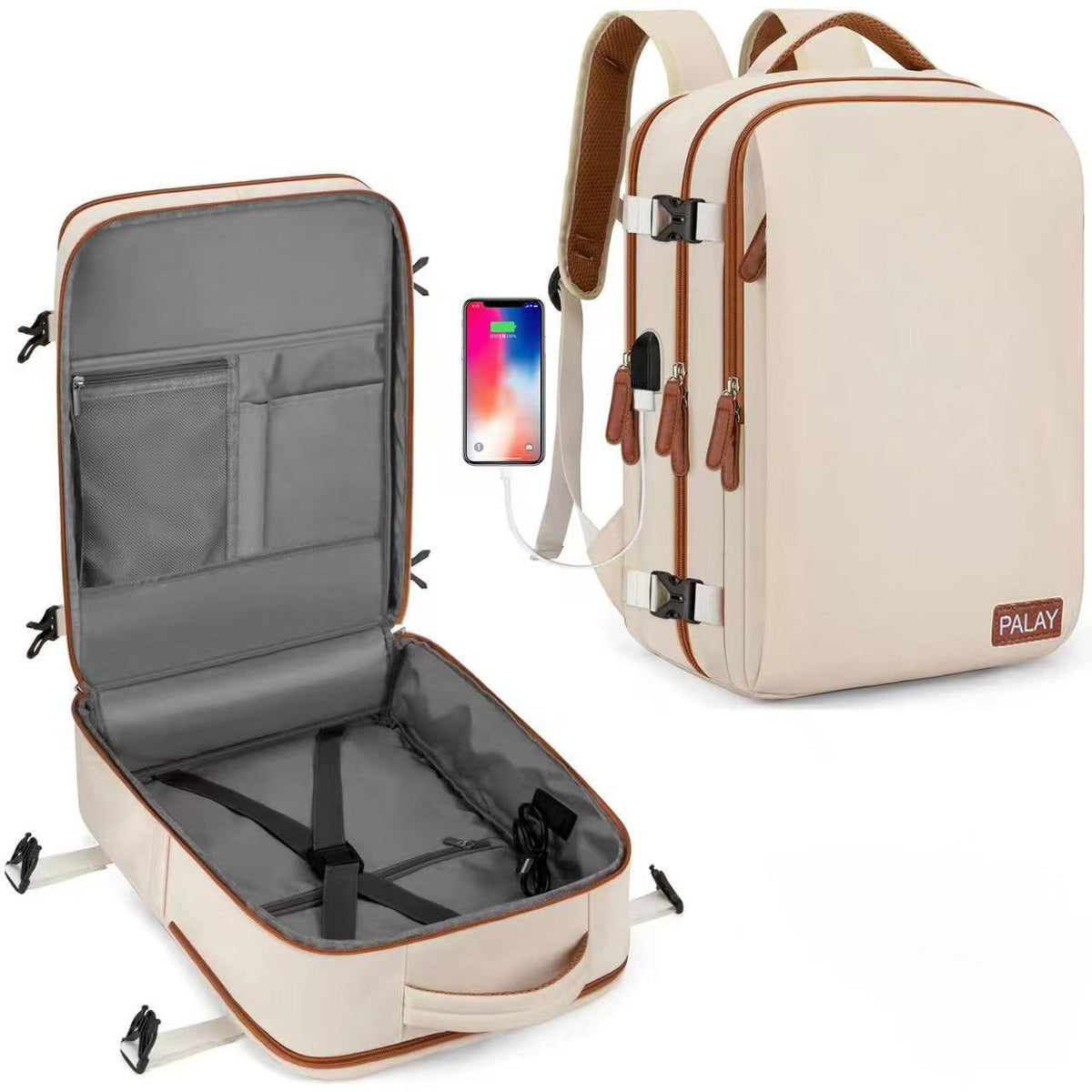 PALAY Travel Laptop Backpack 40L for 15.6 Inch Devices with Double Layer Design and Waterproof Beige Oxford Cloth