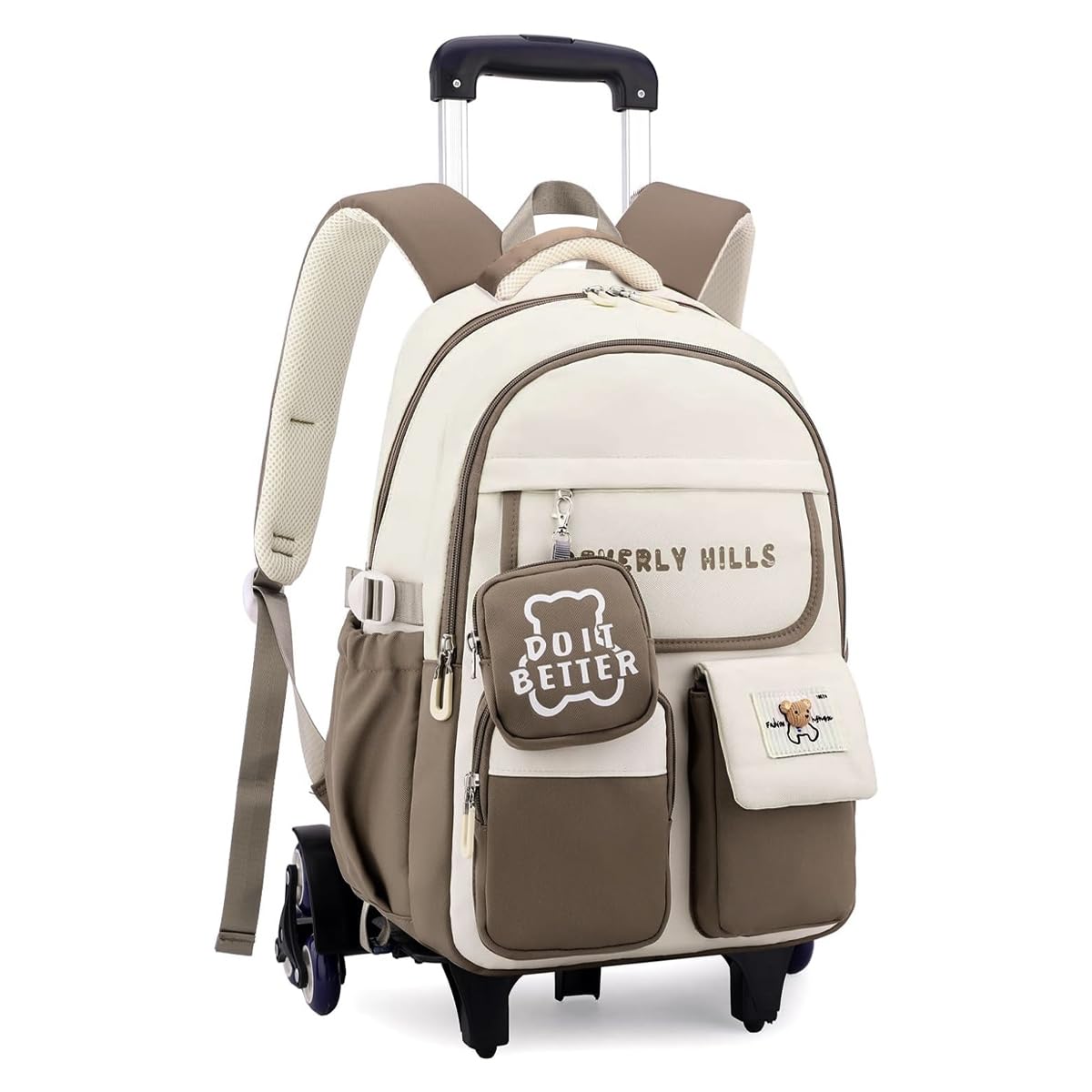 PALAY School Backpack with Wheels for Kids featuring Detachable 6-Wheel Trolley | Khaki Design