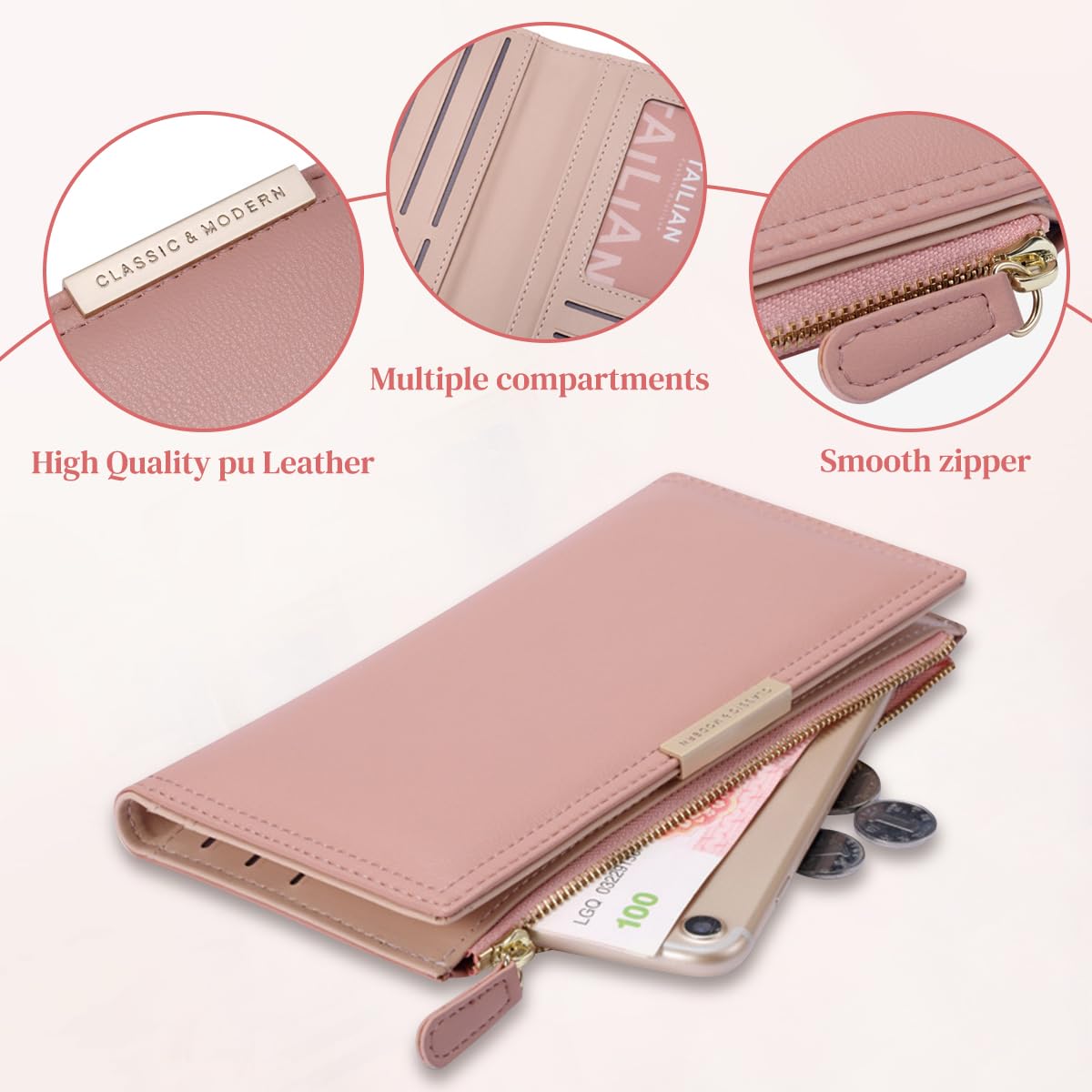 PALAY Wallet for Women with 11 Card Slots and Zipper Pouch in Pink PU Leather | 19.5x10 cm