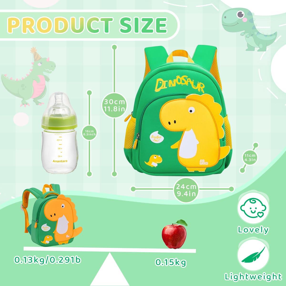 PALAY Kids School Backpack for Preschool with 33x26x12cm Storage | Neoprene Dinosaur Design