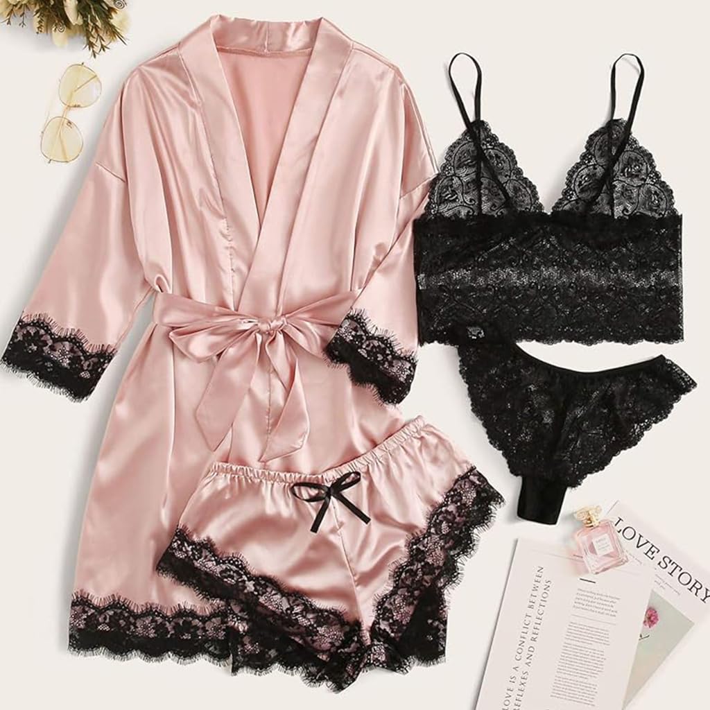 PALAY Women Lingerie Set for Intimate Nights featuring Silk Lace Robe and Bra Thong 8PCS