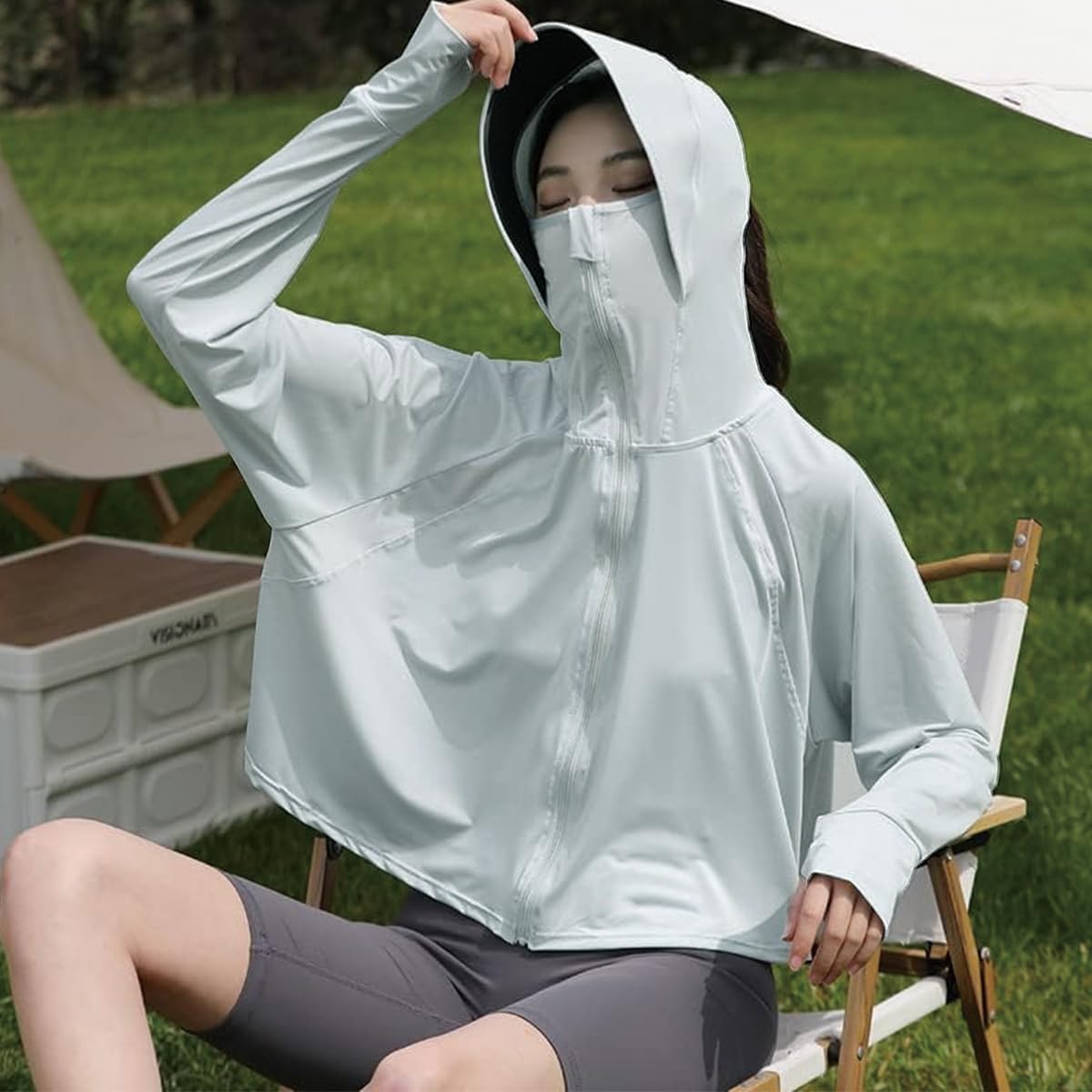 PALAY Women's Sun Protection Jacket UPF 50+ for Outdoor Running and Hiking | Lightweight Nylon Zip Hoodie with Face Mask Grey