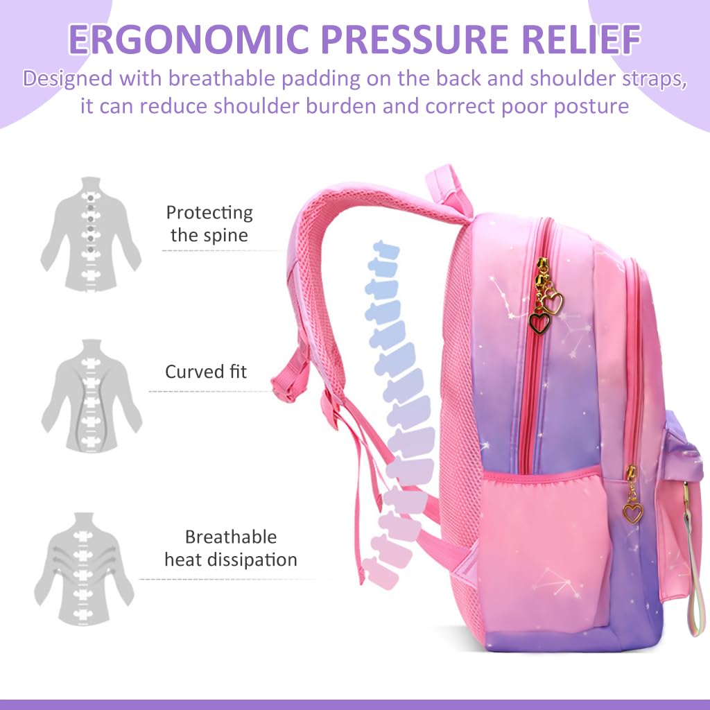 PALAY Large Gradient Purple Fashion Backpack for School Girls 6–12 with Padded Straps and 32×18×44 cm Multi‑Layer Design