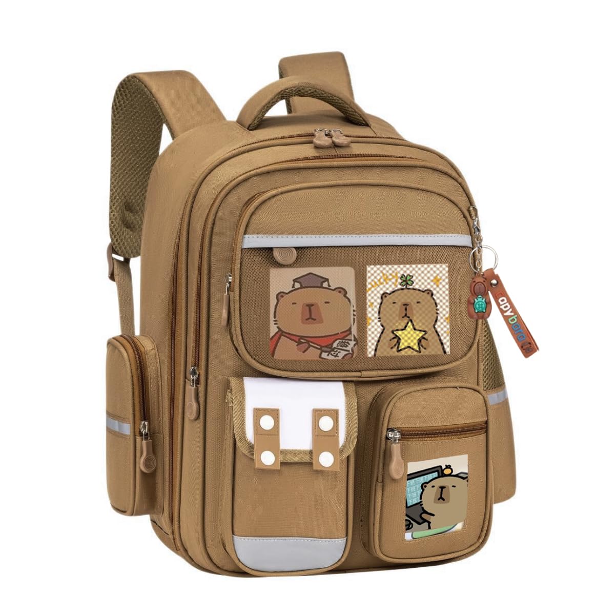 PALAY® Capybara Backpack with 6 Badges & Capybara Post Cards, Cute Bag Charm, Kawaii Multi Compartment School Backpack for Girls