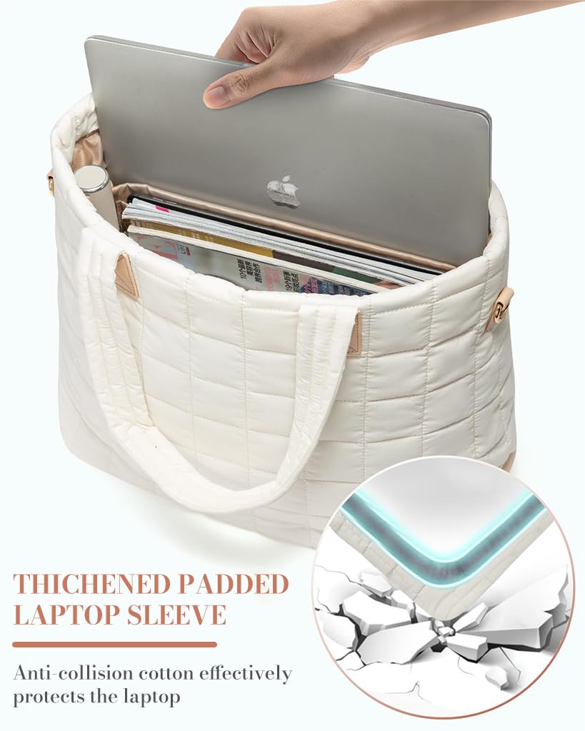 PALAY Tote Bag for Women with 15.6 in Laptop Compartment featuring Removable Strap | White Quilted Style