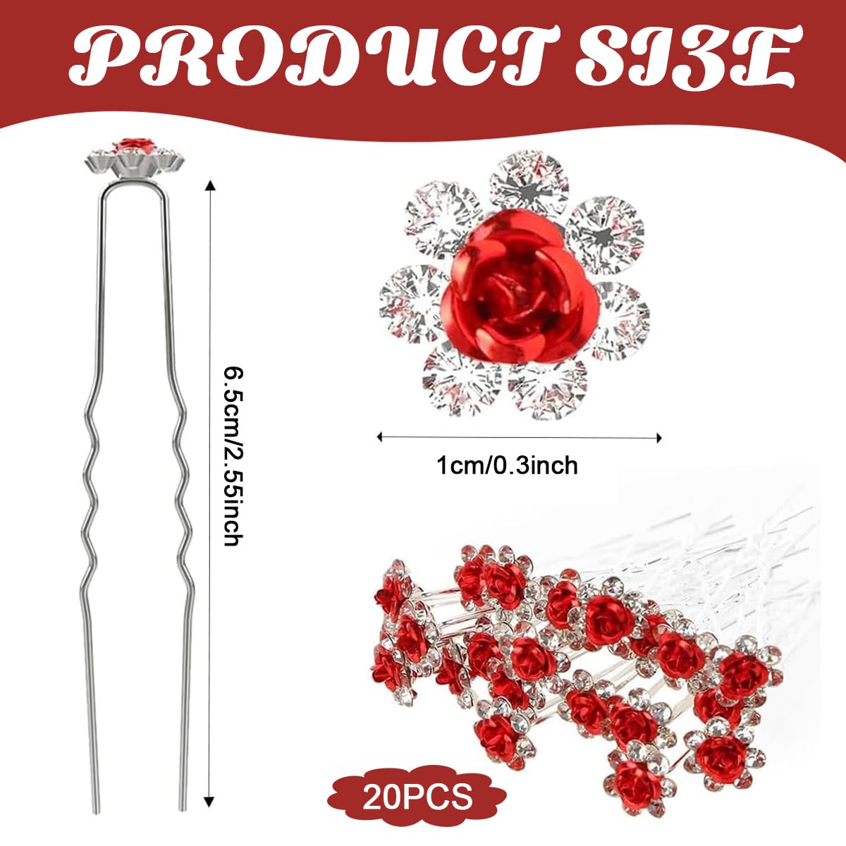 PALAY Flower Hair Accessories for Women with 20 Red Rose Crystal Pins | Elegant Bridal Hair Clips