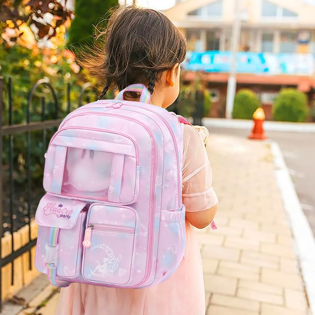 PALAY® School Backpacks for Girls Stylish School Bags for Girls Kids 7-12 Years Old Cartoon Water Resistant Backpack Durable Burden Relief School Bag Children's Day Birthday Gift for Girls - Pink