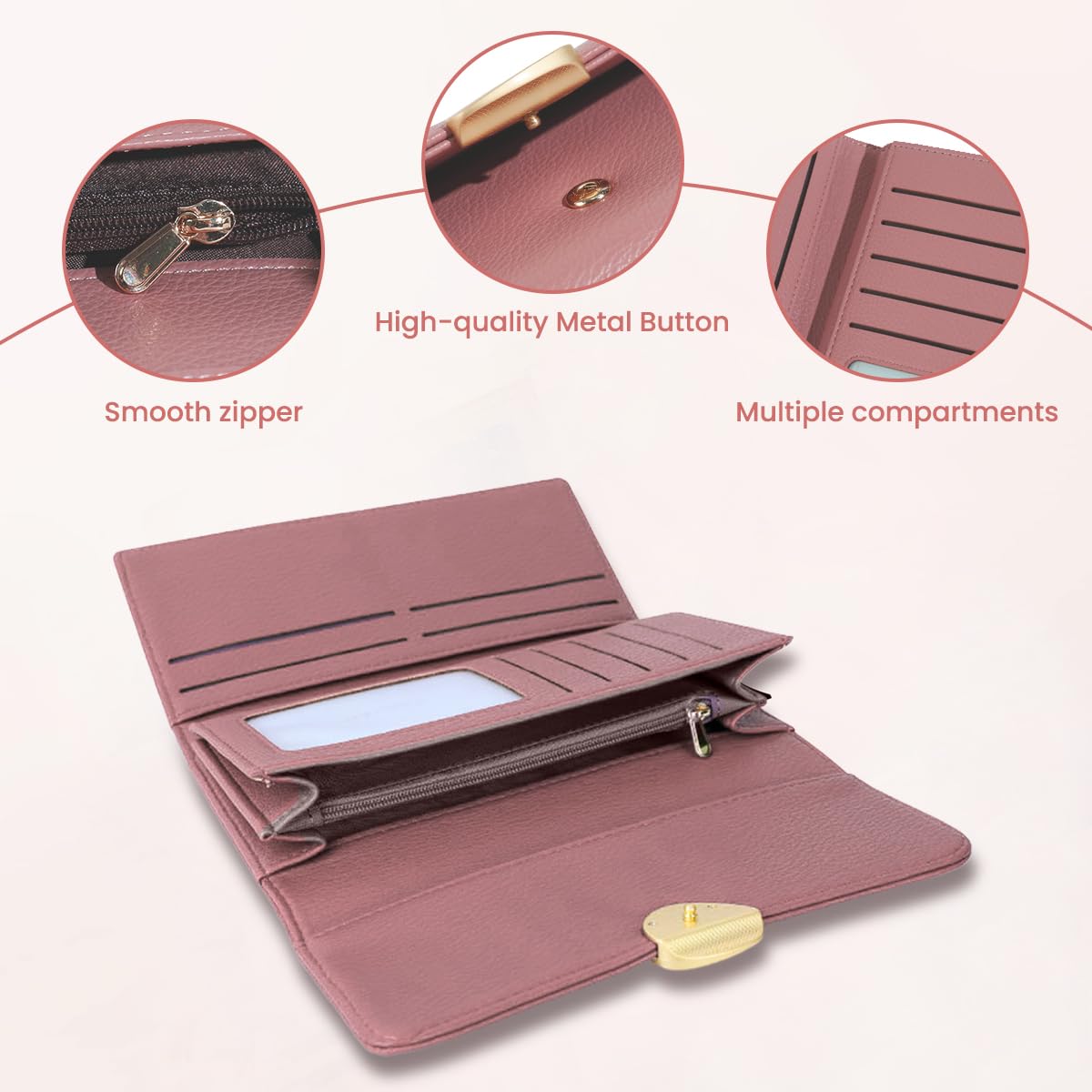 PALAY Purse for Women featuring 10 Card Slots and Zippered Section | Pink PU Leather Wallet