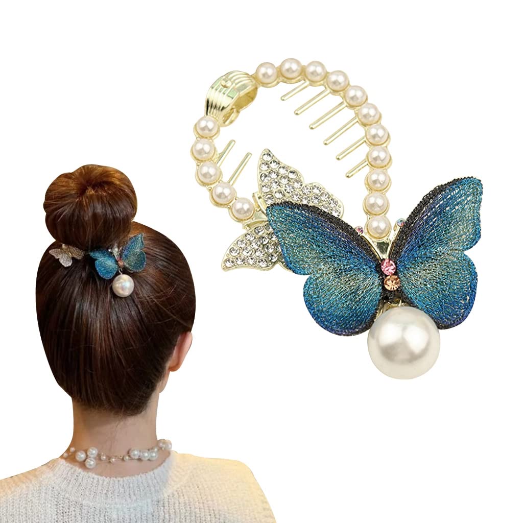 PALAY Hair Bun Accessories for Women with Pearl Butterfly Clip and Self Lock Design | Elegant Alloy Rhinestone Holder for Wedding or Daily Hairstyles
