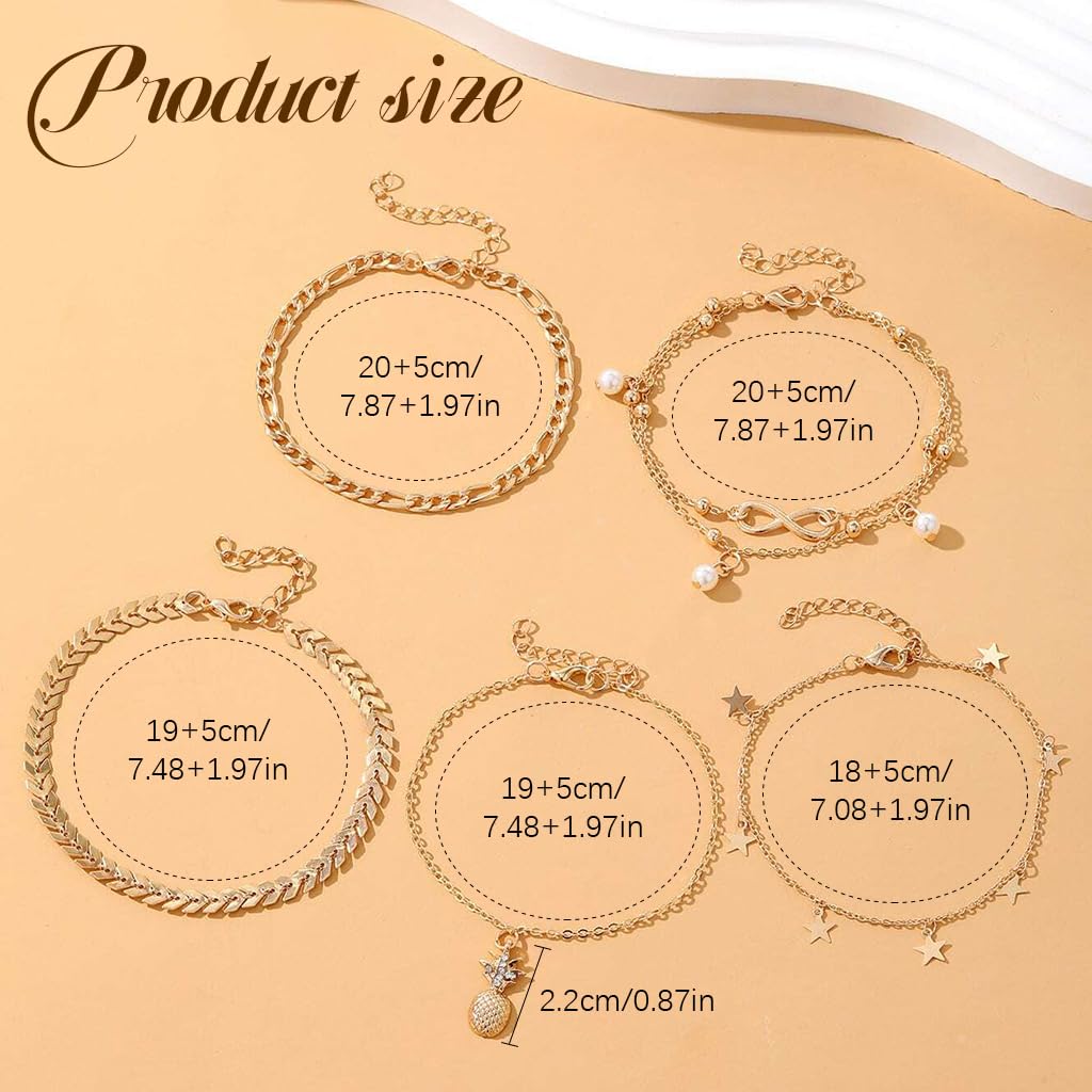 PALAY® Tobilleras bañadas en oro de 14 quilates para mujer, impermeables, pulseras de tobillo para mujer, pulseras de tobillo de eslabones cubanos de espiga para mujer, juego de tobilleras