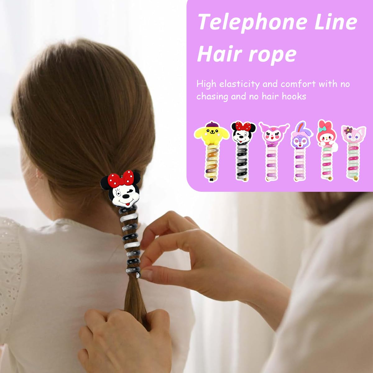 PALAY® 6Pcs Telephone Wire Hair Band for Kids Cartoon Spiral Hair Ties Cute Kids Hair Accessories for Girls Kawaii Spring Rubber Bands for Hair Braids Ponytail Maker