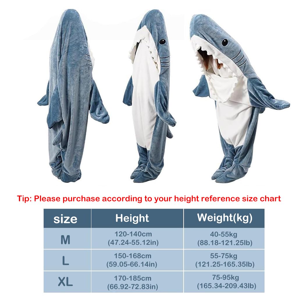 PALAY® Shark Blanket Pajamas for Women Men Adult Warm Fleece Blanket Soft Plush Shark Wearable Blanket Hoodie Onesie Shark Sleeping Bag Pajamas Party Halloween Costumes - L