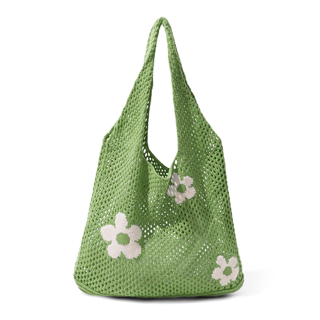 PALAY® Crochet Tote Bag Shoulder Bag Floral Crochet Hand Bag Crochet Hollow Out Bag Casual Crochet Tote Bag, Green