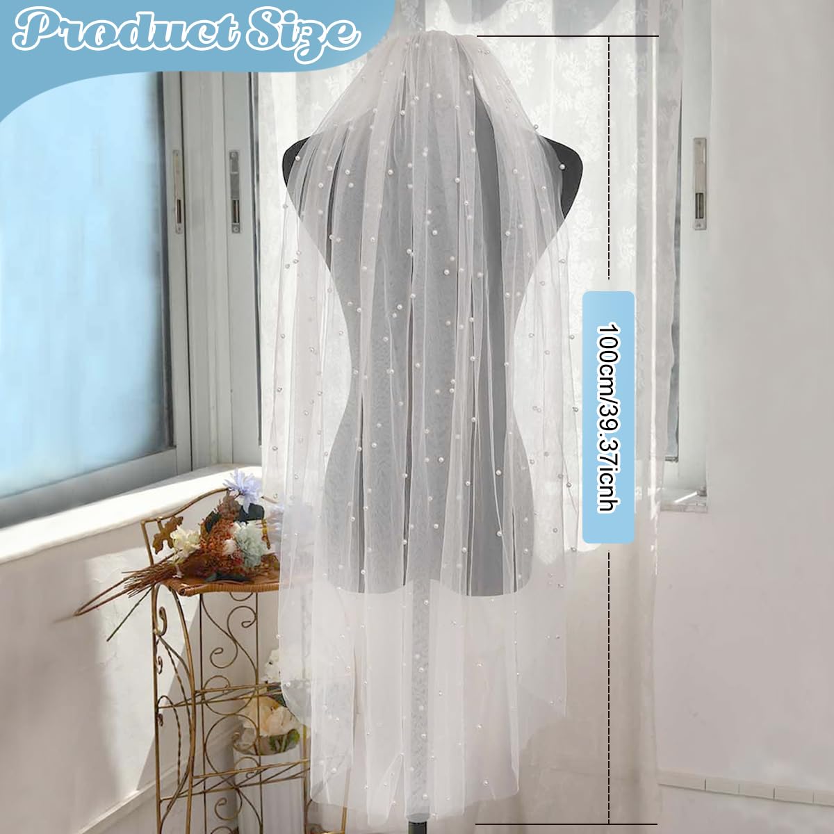 PALAY Pearl Bridal Veil for Wedding with Metal Comb and Lace Detail 100cm White | Elegant Bride Accessory
