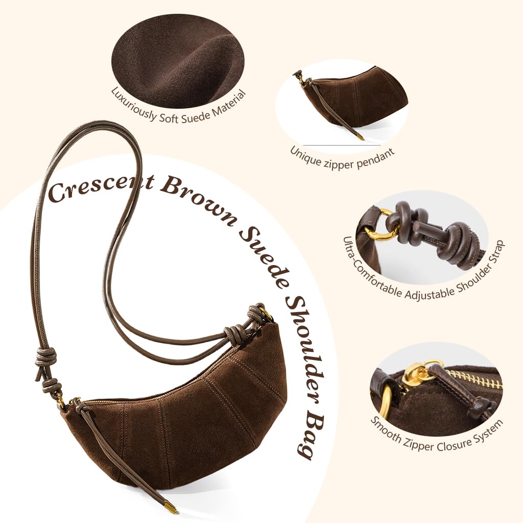 PALAY Shoulder Bag for Women featuring Knotted Strap and Zipper Closure 27x7x15 cm Brown Suede | Stylish Day to Evening Crossbody