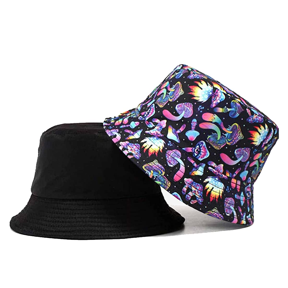 PALAY® Bucket Hat for Women Men, Reversible Fashion Bucket Hat Color Mushroom Print Beach Bucket Hat Women Cap for Outdoor Travel Hiking Fishing Black