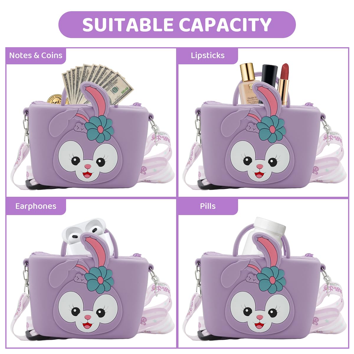 PALAY® Purse For girls, Mini Adorable Stella-Lou Silicone Sling Shoulder Bag For Girls: Durable, Adjustable Strap, Vibrant Purple Kids Cartoon Handbag For Keys, Coins, Snacks - Perfect Girl Gift