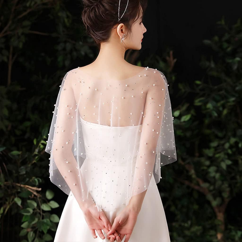 PALAY® White Tulle Shawls Detachable Pearl Capes Cover Up Fashion Bridal Dresses Capelets for Party Clothing Accessories
