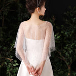 PALAY® White Tulle Shawls Detachable Pearl Capes Cover Up Fashion Bridal Dresses Capelets for Party Clothing Accessories