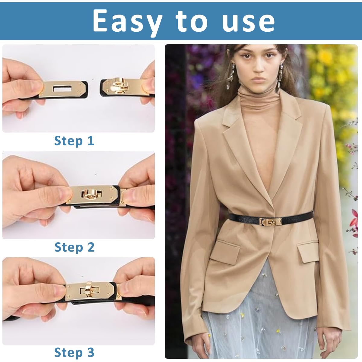 PALAY Waist Belt for Women Dresses with Metal Snap Button and PU Leather Black Design 65–105 cm