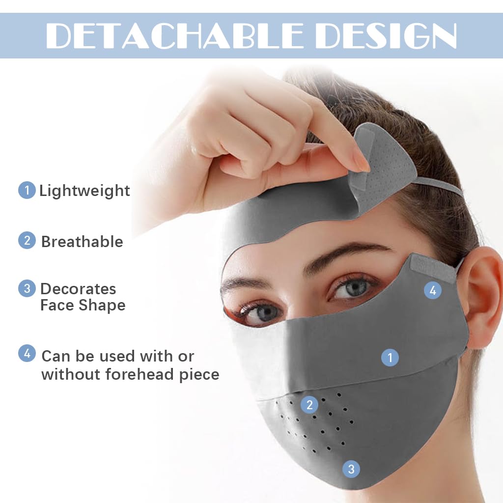 PALAY® Ice Silk Face Mask, Sun Protection Mask, UPF 50+ Full Face Cover for Women, Sun Protection Face Mask, Fashion Breathable Cooling Biker UV Face Mask with Removable Forehead Piece (Grey)