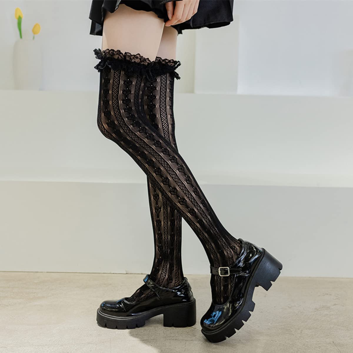 PALAY Lace Knee Length Socks for Women featuring 22.44 in Length and Ruffled Mesh | Black One Pair