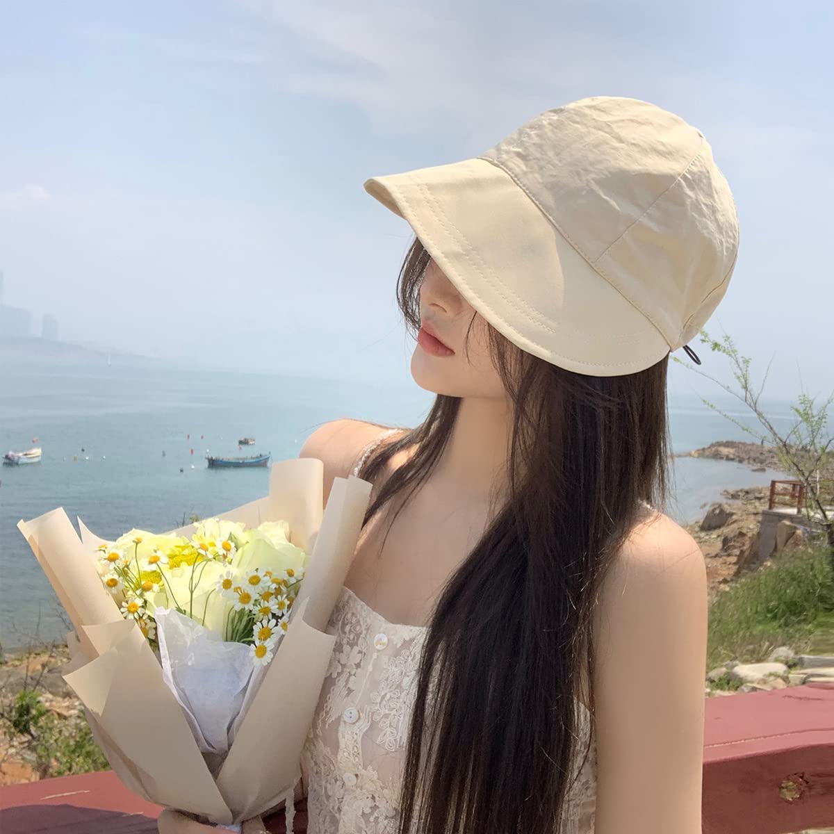 PALAY Polyester Wide Brim Hat for Women with Drawstring Closure and UV Protection | Beige Adjustable Sun Cap