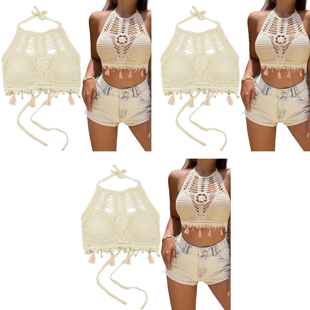 PALAY Womens Crochet Bikini Top for Summer Beachwear with Tassels and Halter Tie | 3 PCS Boho Set