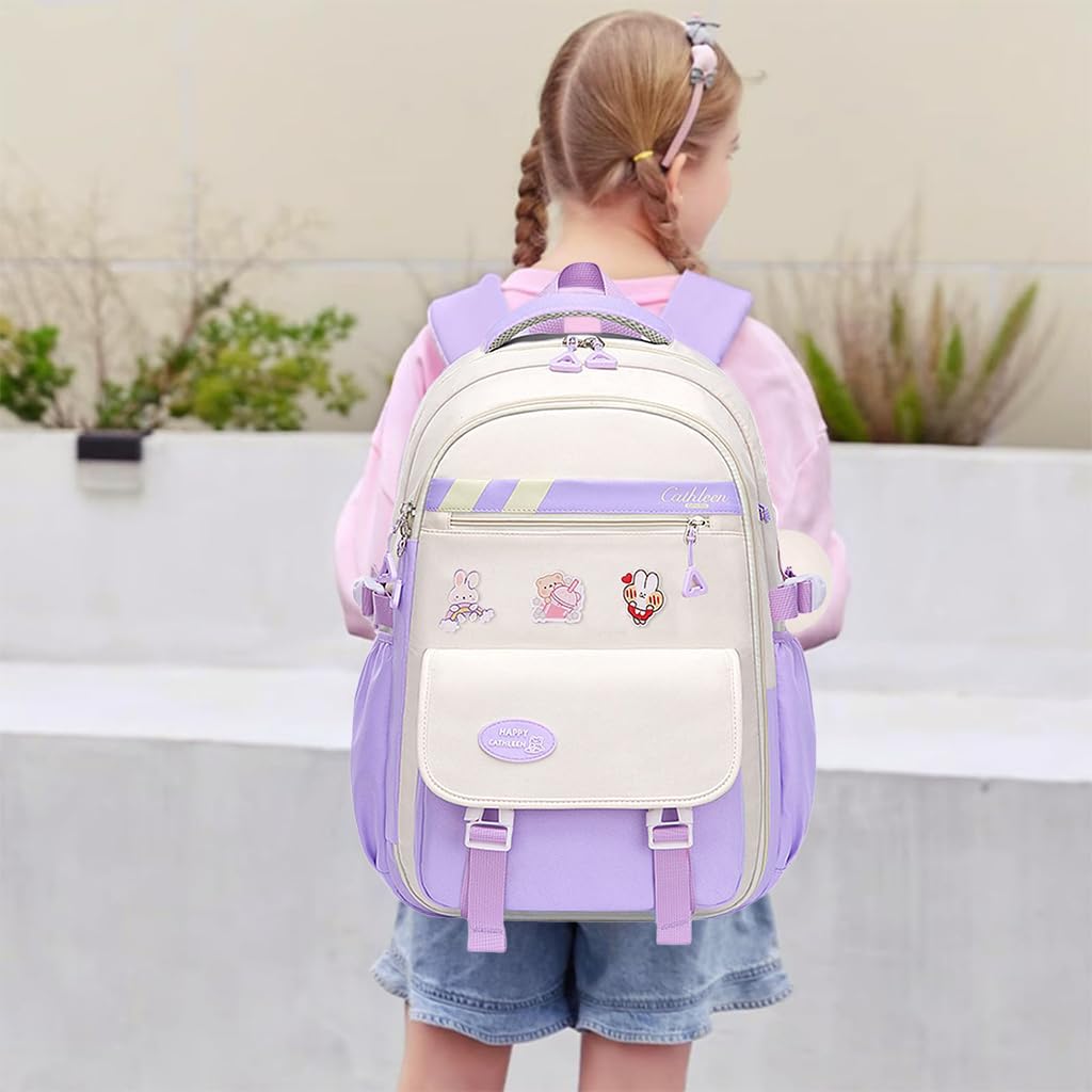PALAY Girls School Backpack for Daily Use with Stationeries Storage Layer and Padded Straps | 32x22x46cm Waterproof Nylon Purple Bag