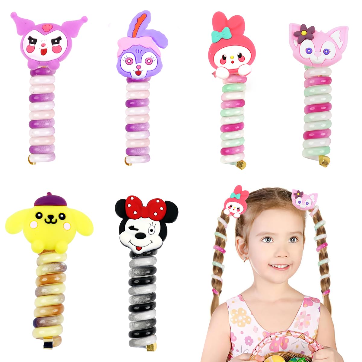 PALAY® 6Pcs Telephone Wire Hair Band for Kids Cartoon Spiral Hair Ties Cute Kids Hair Accessories for Girls Kawaii Spring Rubber Bands for Hair Braids Ponytail Maker