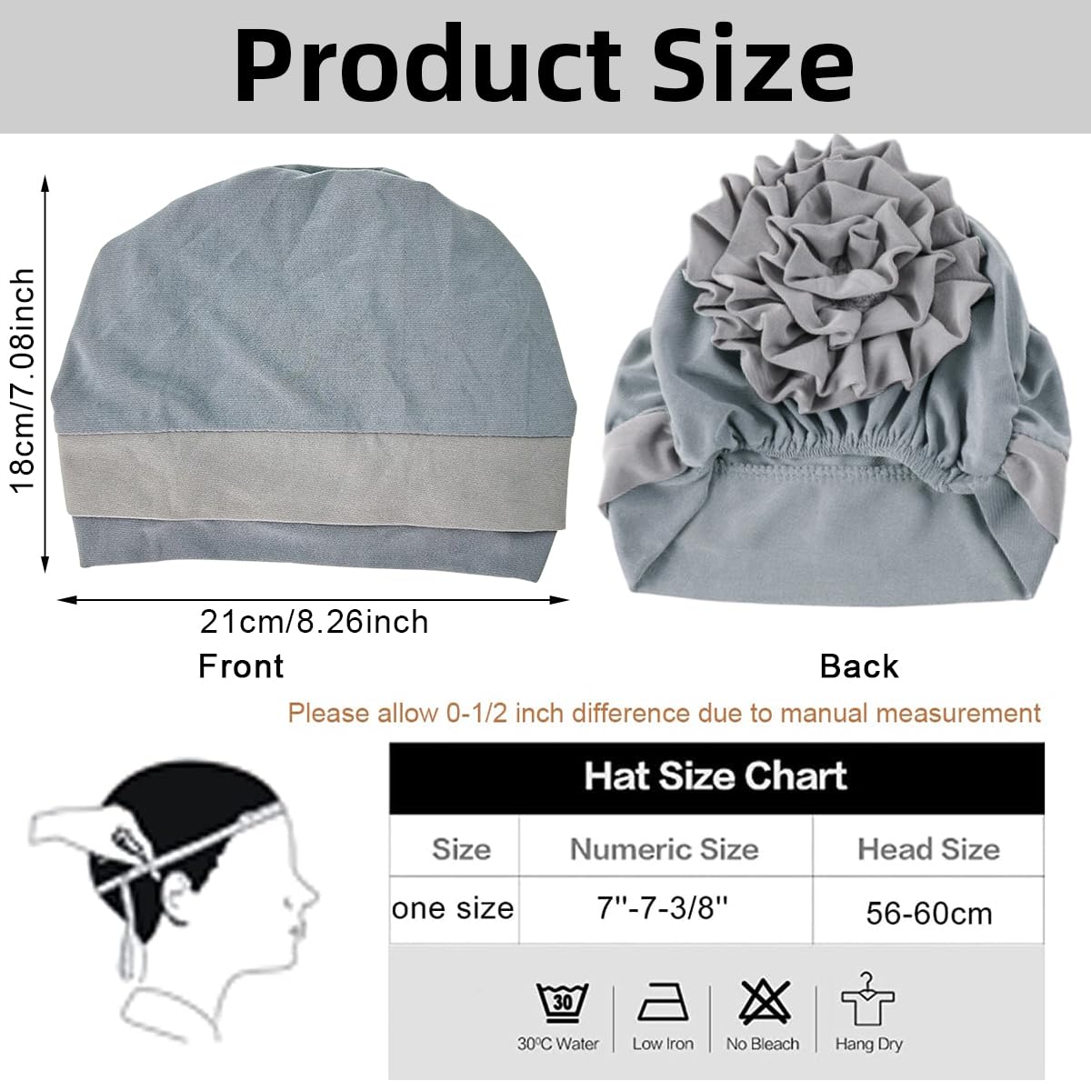 PALAY Chemo Caps for Women with Stretchy Cotton Turban Flower Design 56–60 cm Grey 2 PCS