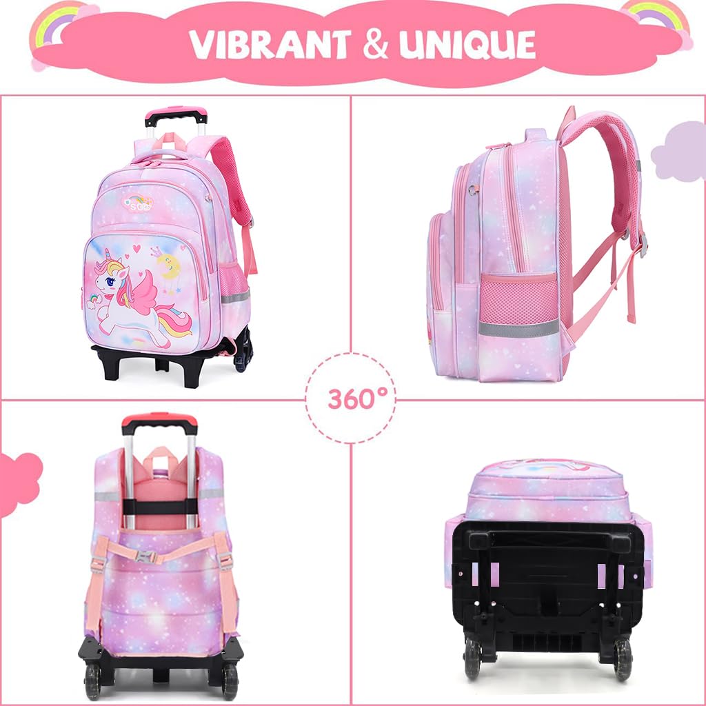 PALAY® School Bags for Girls Kids Unicorn Bags for Girls School Bags on Wheel Detachable Wheel Stand Gift School Bag for Girls Primary