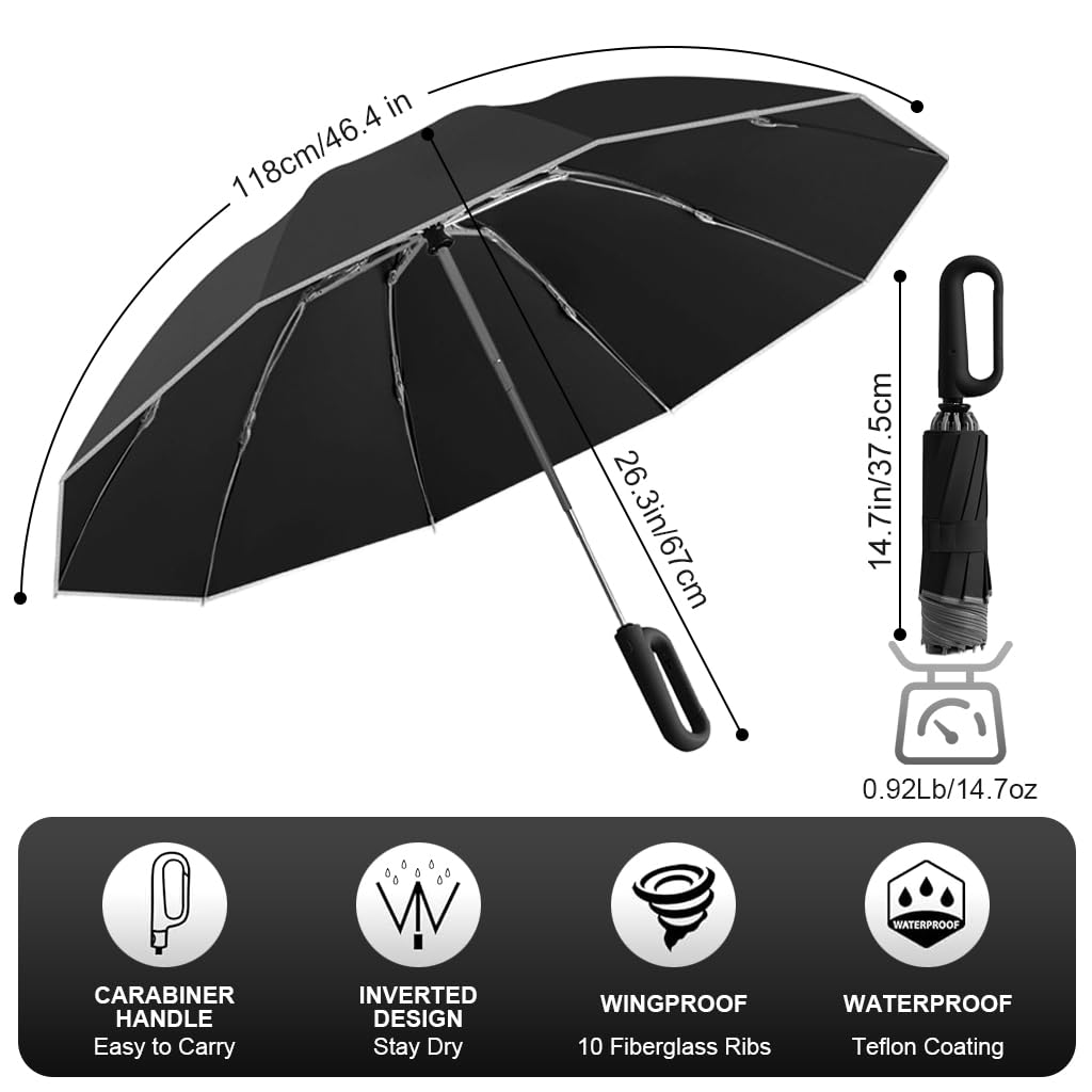 PALAY Umbrella 50 Inch Travel Model with Reflective Strip and Carabiner Handle | Black