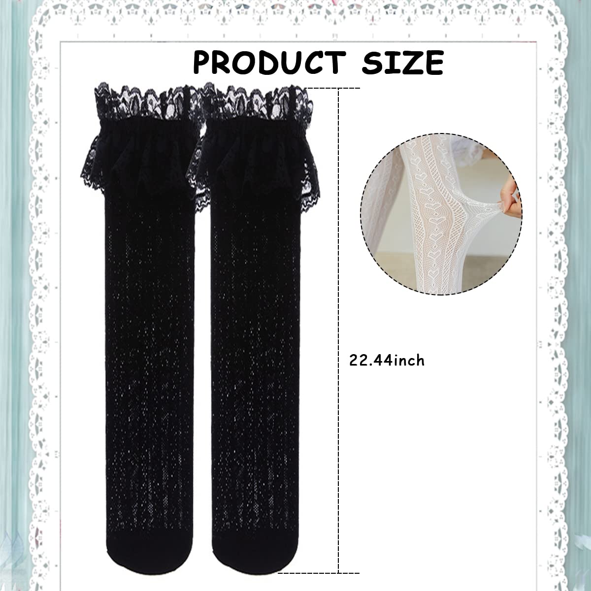 PALAY Lace Knee Length Socks for Women featuring 22.44 in Length and Ruffled Mesh | Black One Pair