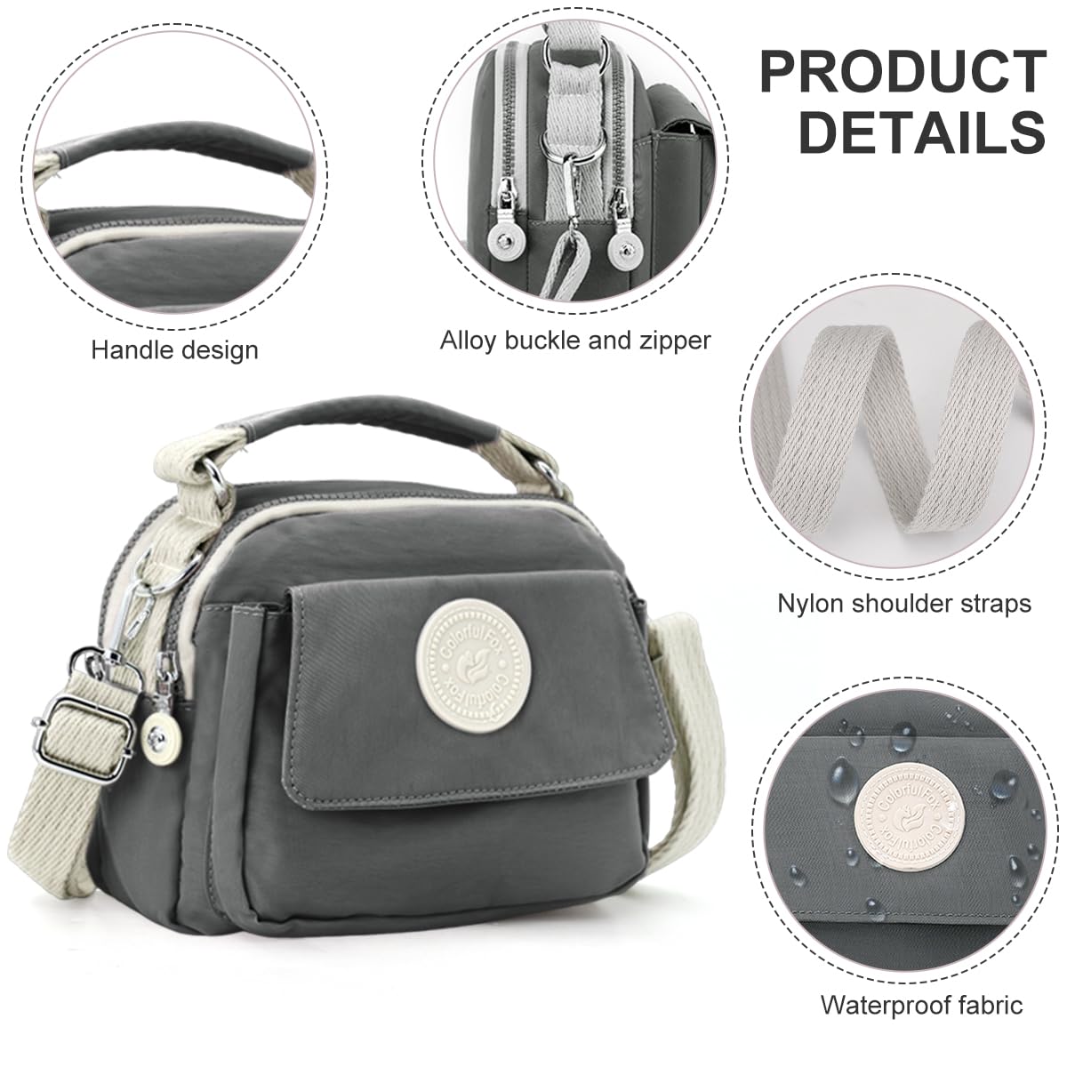 PALAY Hand Bag for Women with 21x10x18cm Size and Three Zippered Compartments | Grey Nylon Shoulder and Sling Style