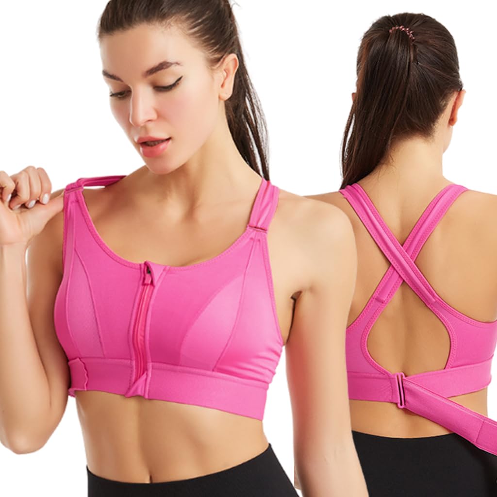 PALAY® Sports Bra Women Zip-up Sports Bra for High-impact Activities One Piece Breast Pads Adjustable Sports Bra Fashion RacerbackSports Bra for Running, Cycling, Aerobics, Boxing, XL, Pink