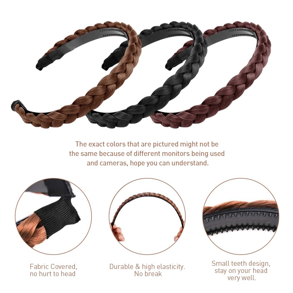 PALAY Braided Hair Band for Women featuring Secure Tooth Grip and 3 Color Set | Comfortable Synthetic Headband for Stylish Hairstyles