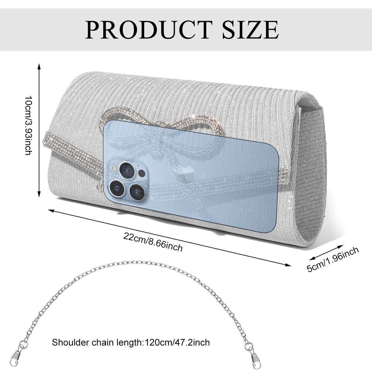 PALAY Bow Evening Bag for Parties with Rhinestone Charm and Snap Closure 8.8x2x3.9 in | Silver Clutch for Women
