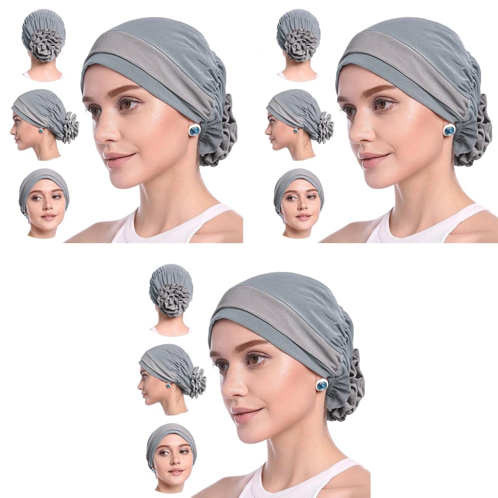 PALAY Chemo Caps for Women featuring Elastic Fit 56–60 cm and Cotton Flower Design | 3 PCS Grey Set