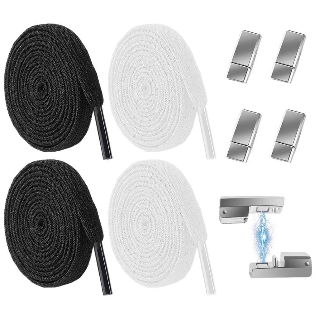 PALAY No Tie Shoelaces for Kids with Interlock Metal Buckles and Elastic Nylon | 2 Pairs Black & White