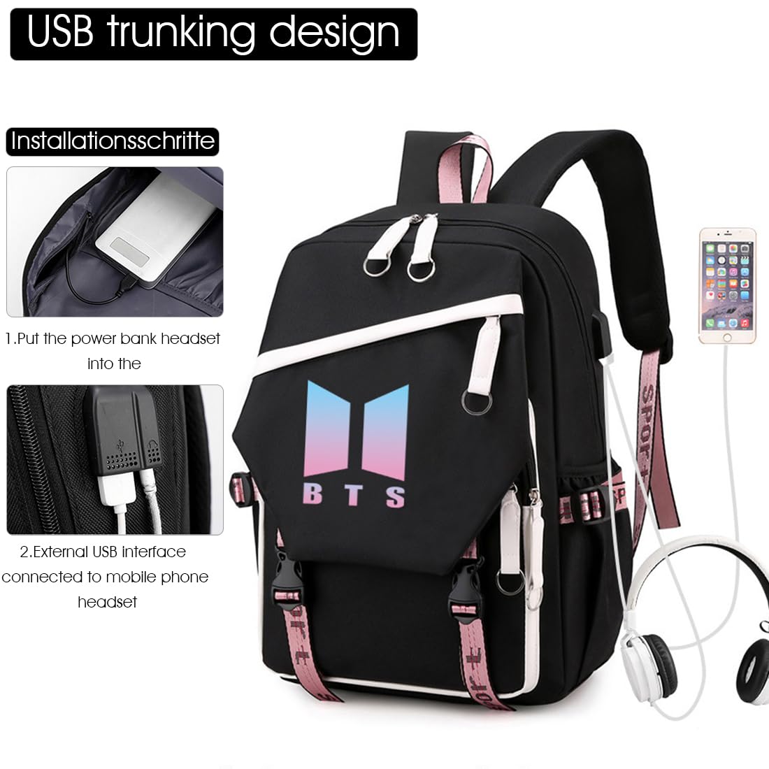 PALAY® BTS Bag for Girls, Kids Stylish Kpop Bangtan BTS School Backpack for Boys, Girls Student Bag for School, College Shoulder Backpack for Girls, Boys Laptop Bags BTS Gift Girls, Boys - Black