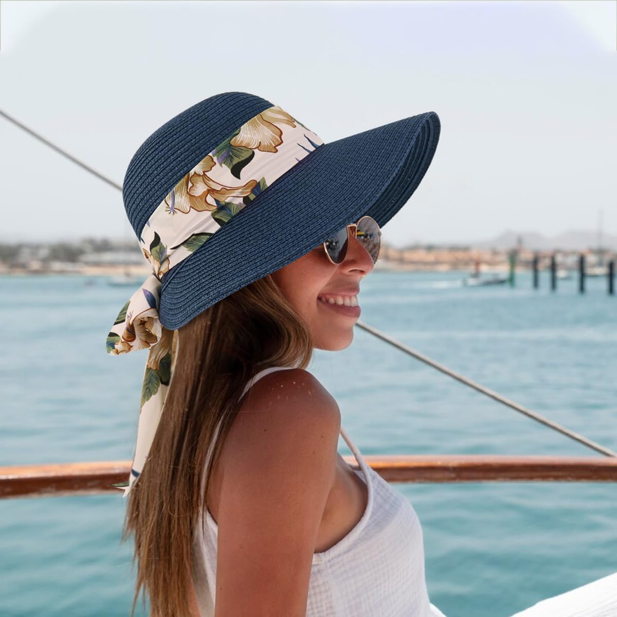 PALAY Straw Hat for Women with Wide Brim for Sun Protection and Floral Ribbon | Blue Summer Beach Hat