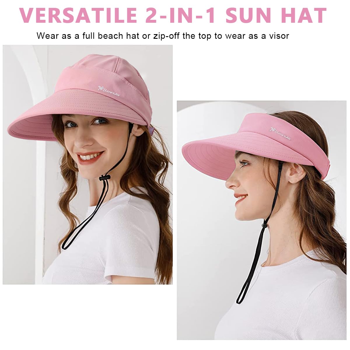 PALAY® Sun Hat Women 2 in 1 Wide Brim Sport Beach Caps for Women Summer UV Protection Cap with Detachable Top for Outdoor Fishing Baseball, Pink