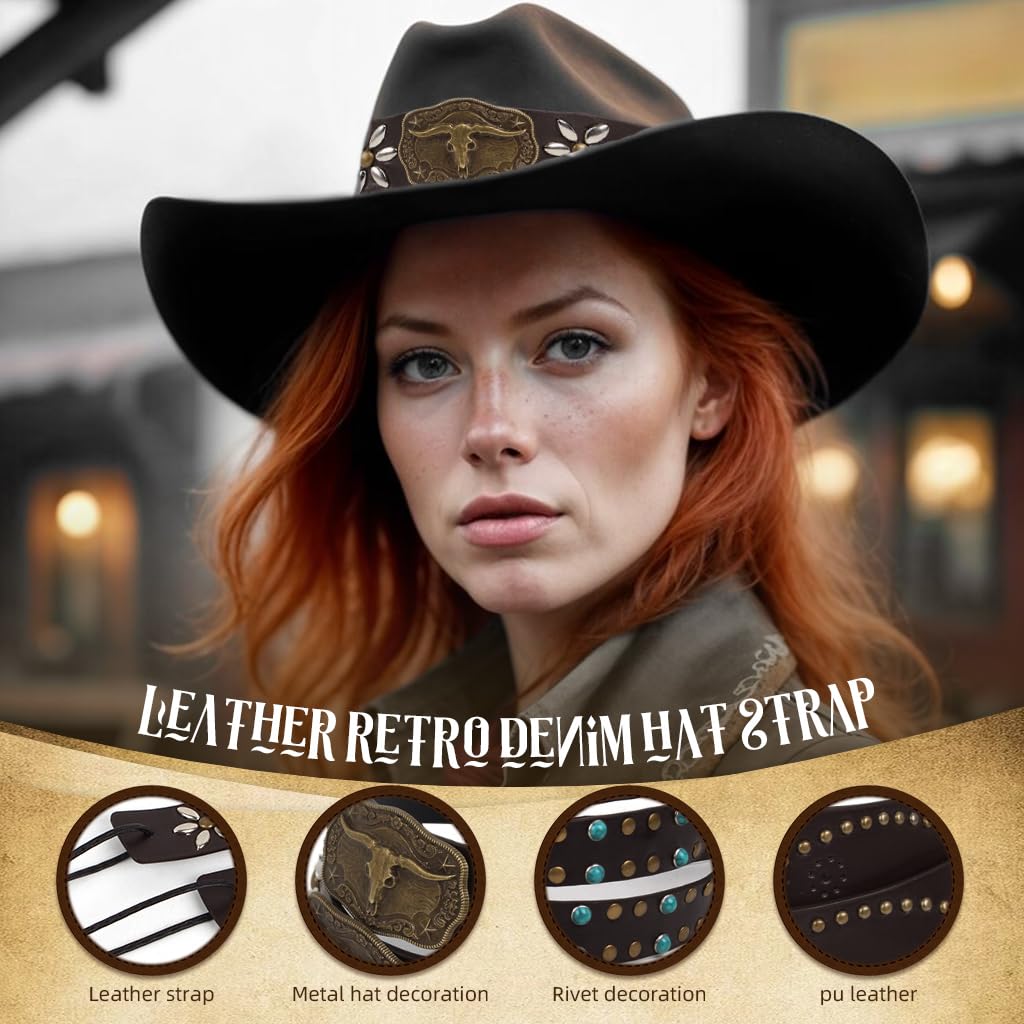PALAY Cowboy Hat Bands for Men and Women featuring Adjustable Tie Back and Charms | Vintage Brown PU Leather Wrap Accessories