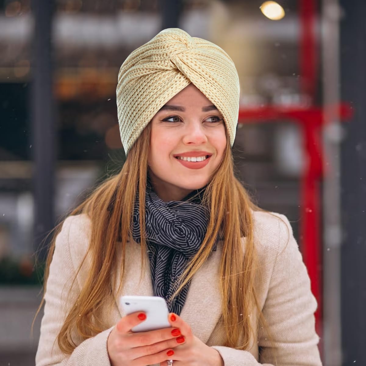 PALAY Turban Winter Cap for Women with Crochet Knit Design in Beige | Warm Acrylic Fabric